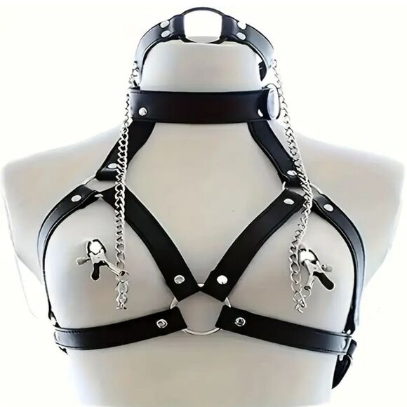 Black Leather 2 Piece Harness Cage Bra Set #9 - Picture 1 of 5